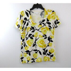 Charter Club Sweater Top Size Medium Yellow Floral Print Pullover Short Sleeve